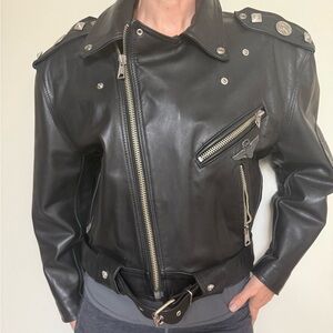 Black Leather Biker Jacket with Silver Accents